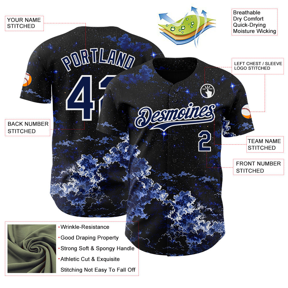 Custom Black Navy-White Galaxy Star Nebula Authentic Baseball Jersey view 3
