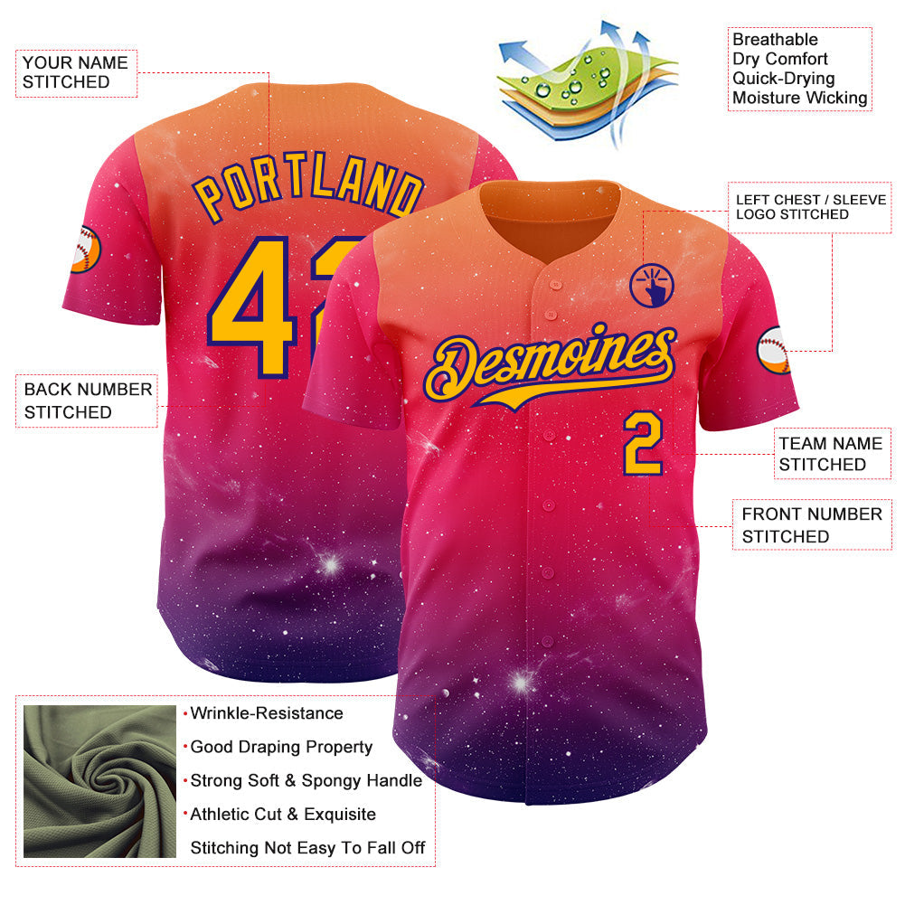 Custom Orange Gold Red-Dark Purple Galaxy Star Gradient Authentic Baseball Jersey view 3