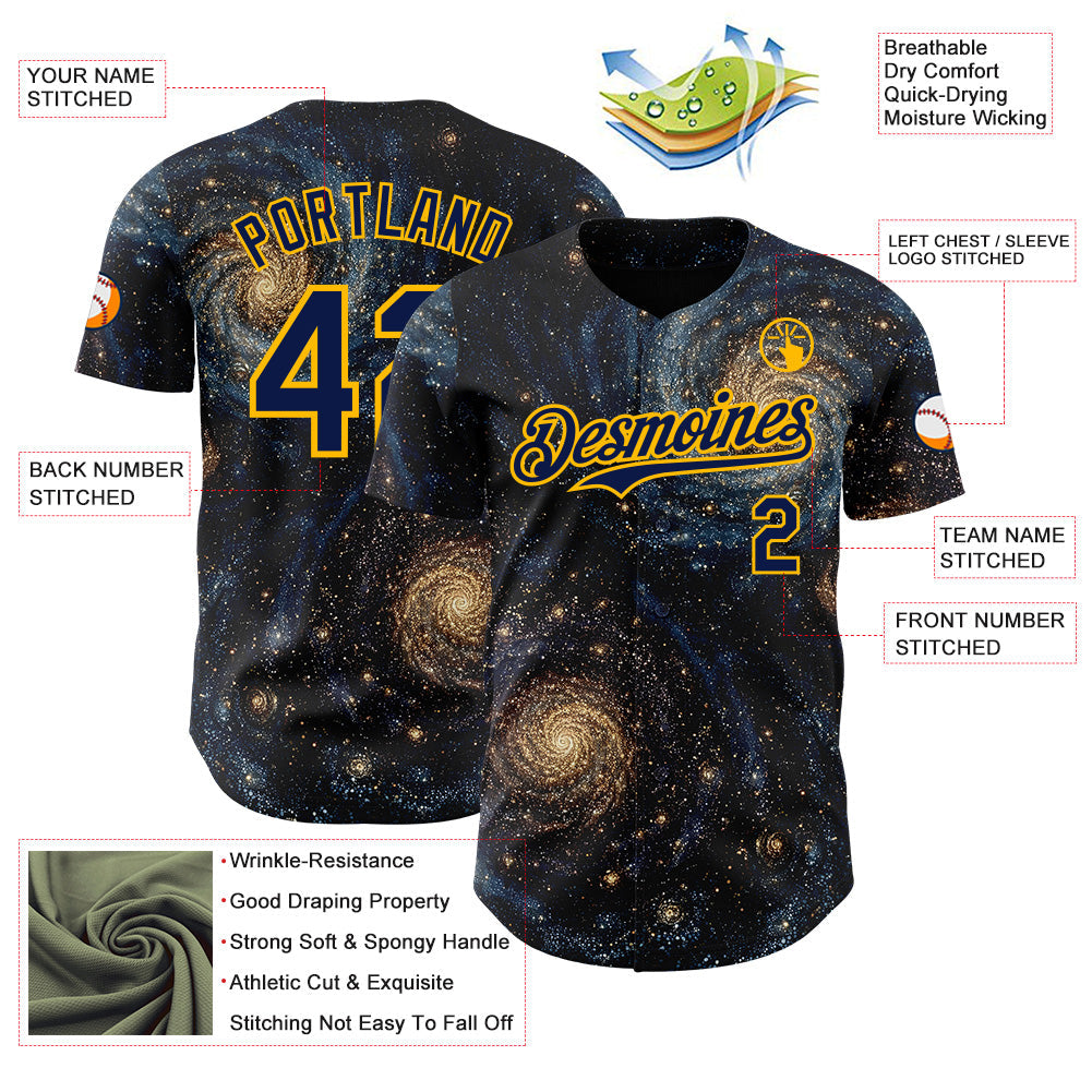 Custom Black Navy-Gold Galaxy Star Authentic Baseball Jersey view 3