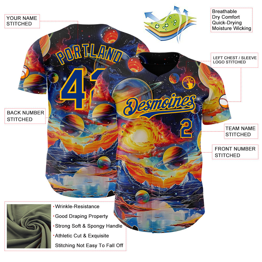 Custom Black Royal-Gold Galaxy Star Nebula Authentic Baseball Jersey view 3