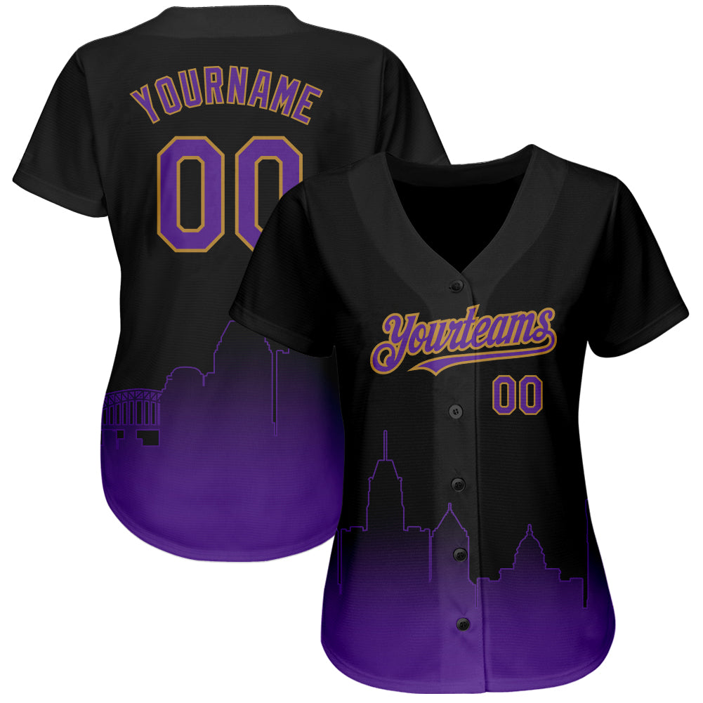 Custom Black Purple-Old Gold 3D Baltimore City Edition Fade Fashion Authentic Baseball Jersey view 2