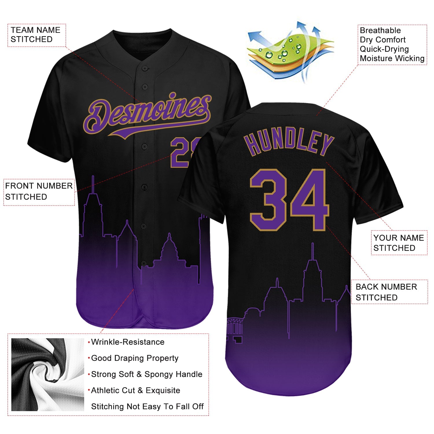 Custom Black Purple-Old Gold 3D Baltimore City Edition Fade Fashion Authentic Baseball Jersey view 3
