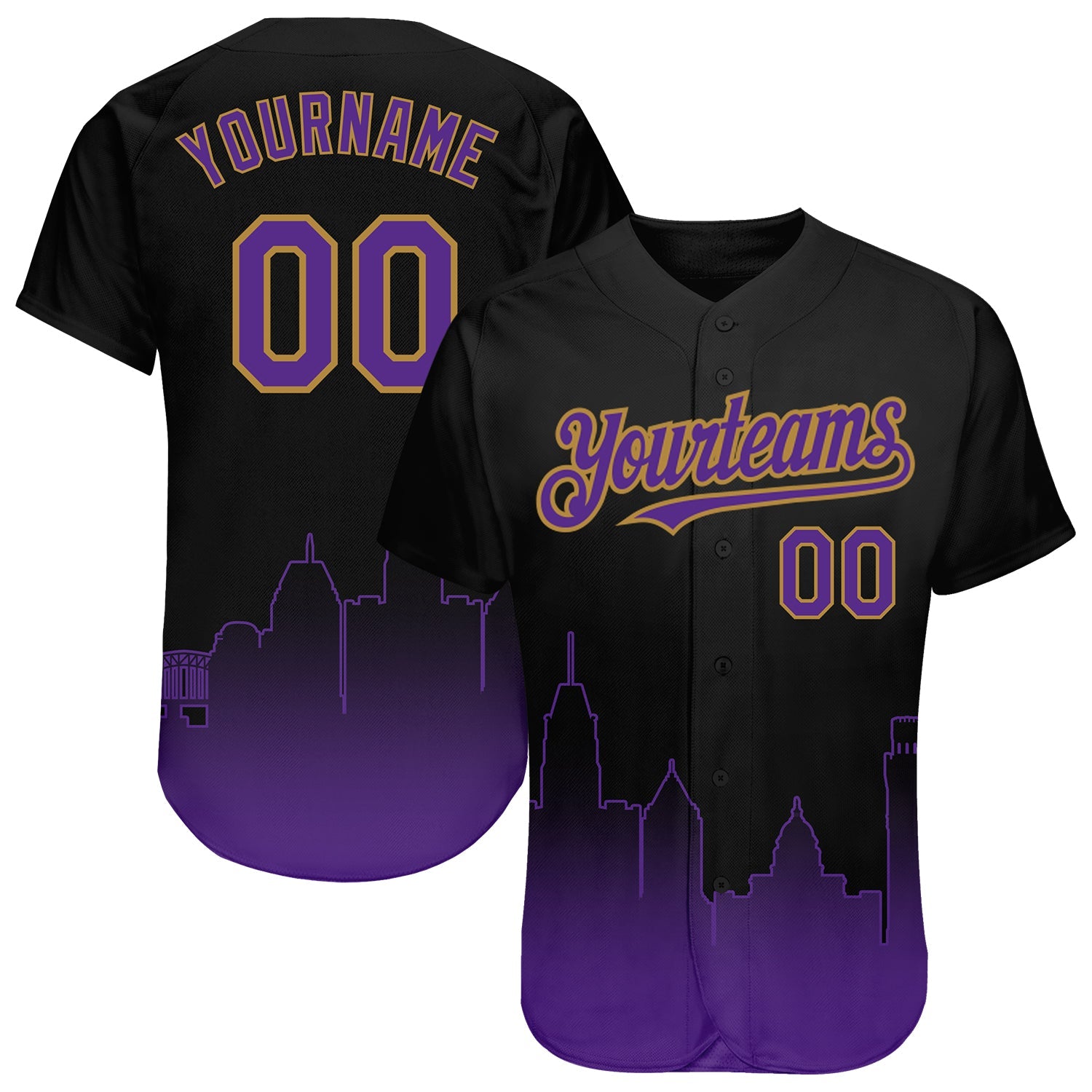Custom Black Purple-Old Gold 3D Baltimore City Edition Fade Fashion Authentic Baseball Jersey - Main View