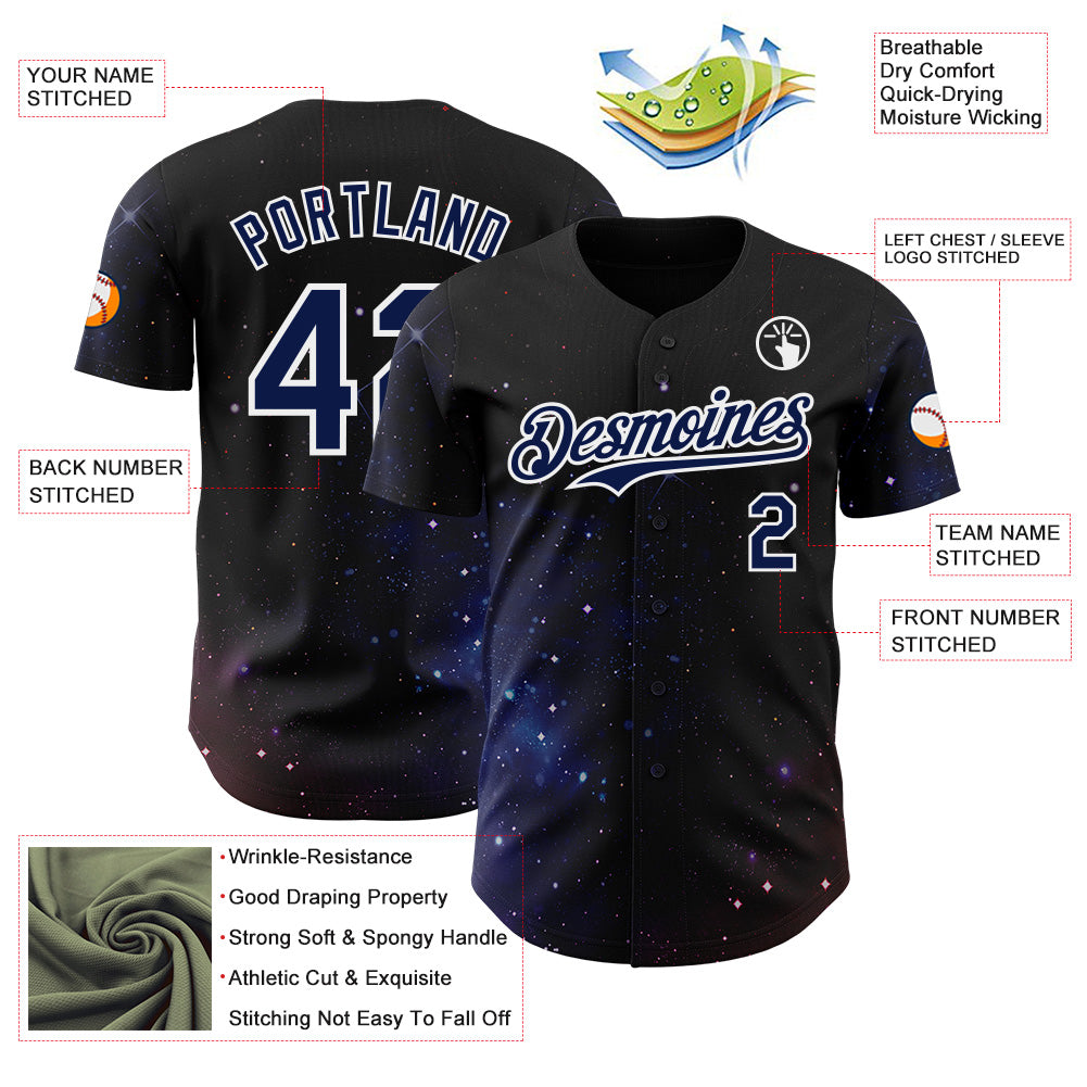 Custom Black Navy-White Galaxy Star Authentic Baseball Jersey view 3