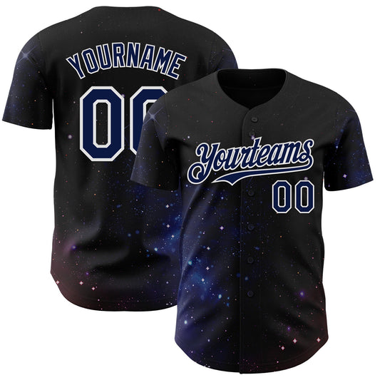 Custom Black Navy-White Galaxy Star Authentic Baseball Jersey - Main View