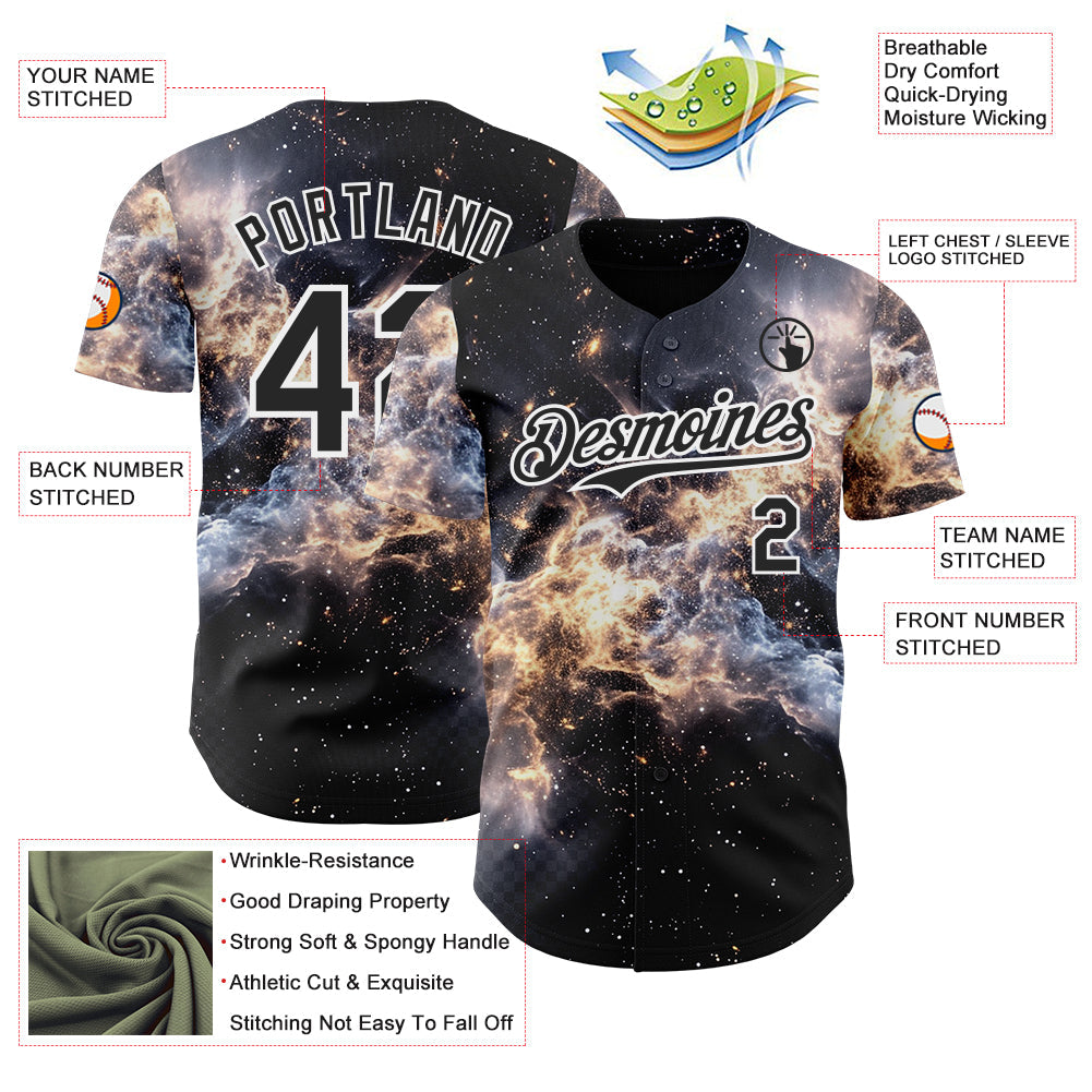 Custom Black-White Galaxy Star Nebula Authentic Baseball Jersey view 3
