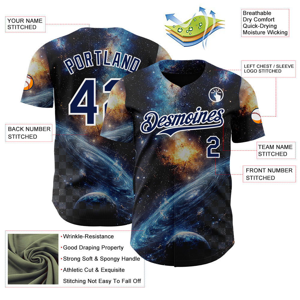 Custom Black Navy-White Galaxy Star Nebula Authentic Baseball Jersey view 3