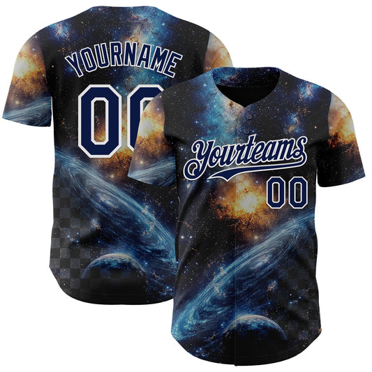 Custom Black Navy-White Galaxy Star Nebula Authentic Baseball Jersey - Main View