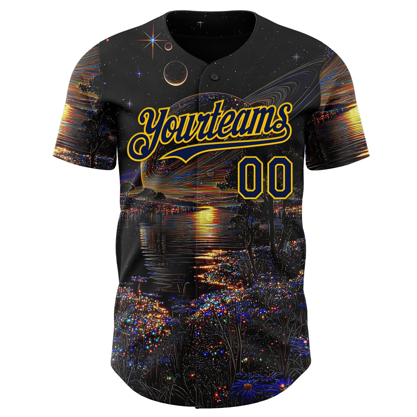 Custom Black Navy-Yellow Galaxy Star Authentic Baseball Jersey view 2