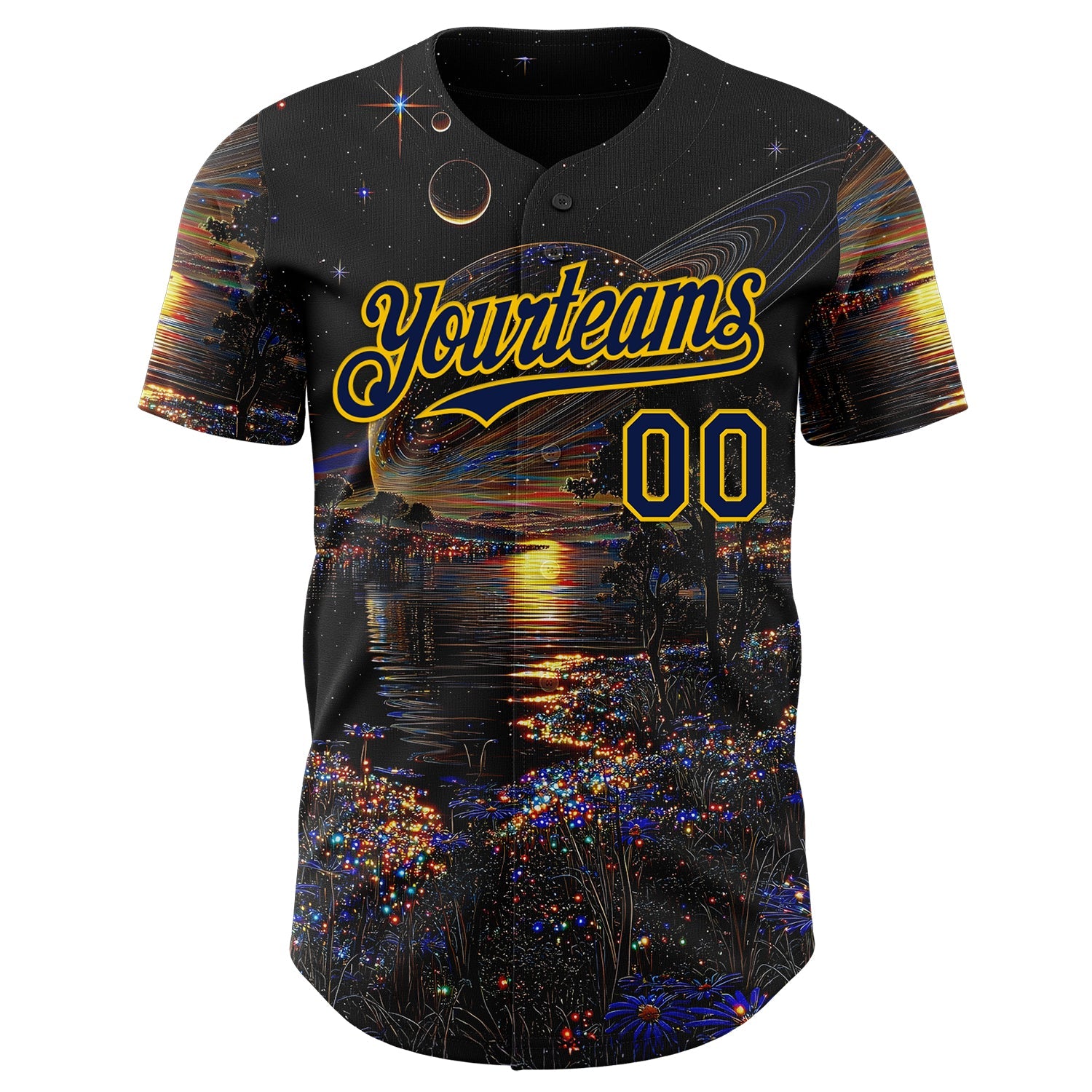 Custom Black Navy-Yellow Galaxy Star Authentic Baseball Jersey view 2