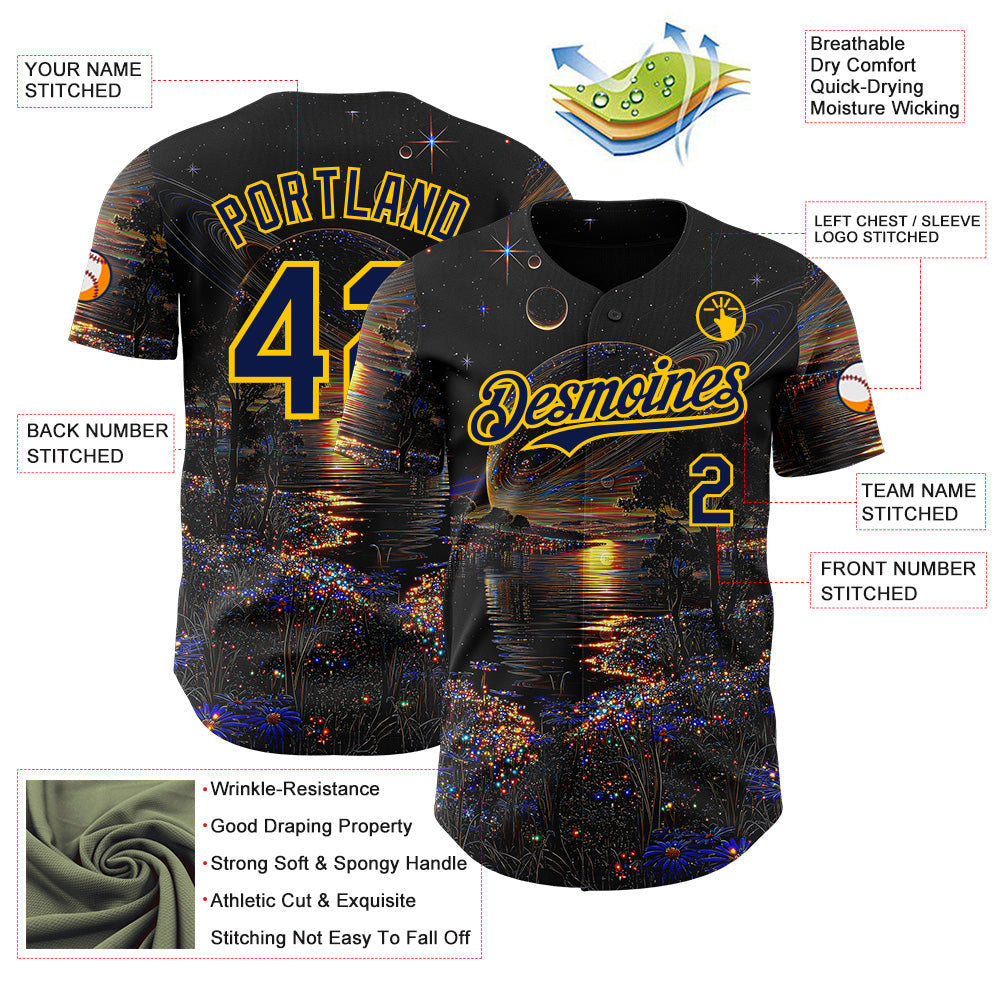 Custom Black Navy-Yellow Galaxy Star Authentic Baseball Jersey view 3
