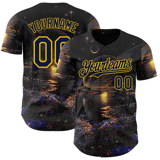 Custom Black Navy-Yellow Galaxy Star Authentic Baseball Jersey - Main View