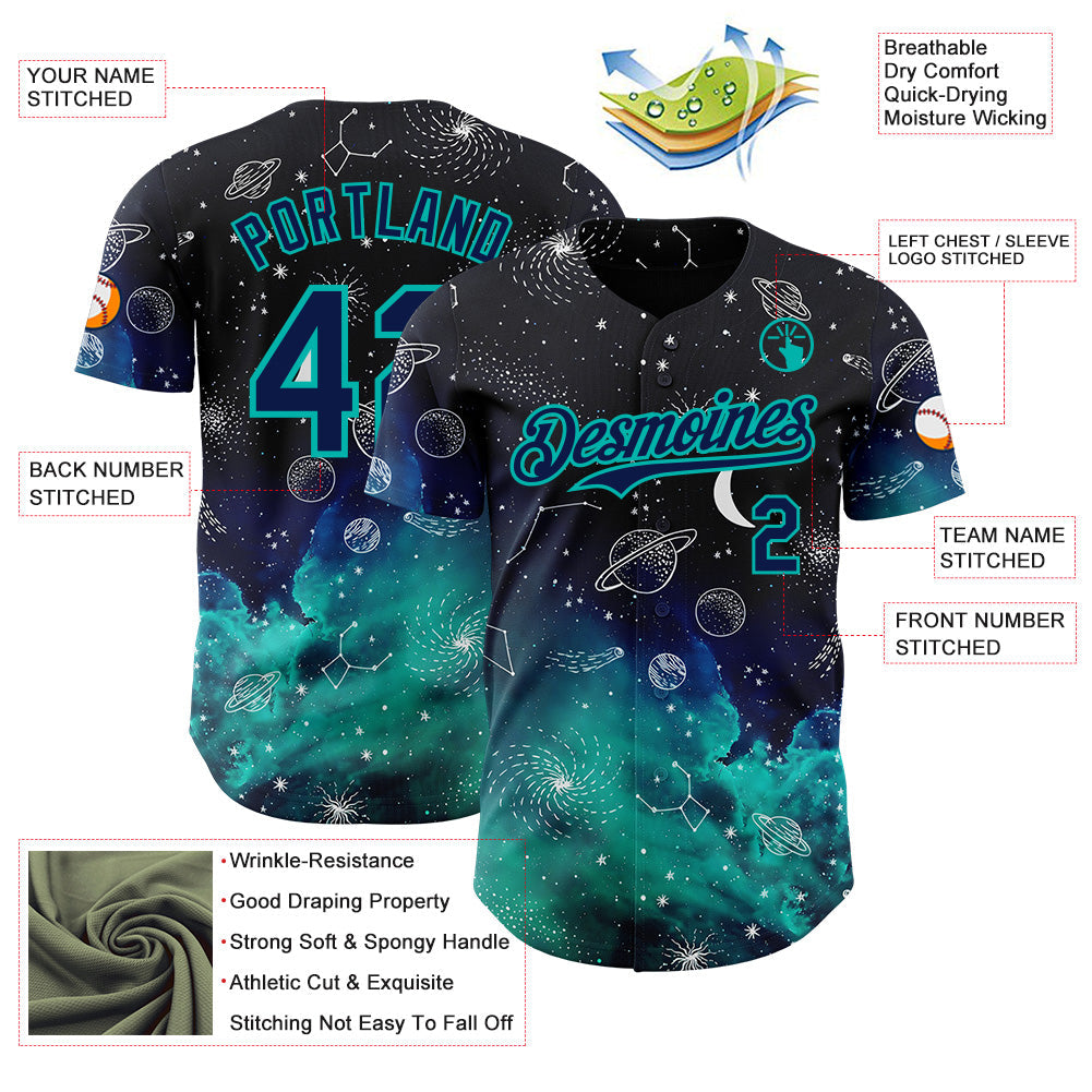 Custom Black Navy-Aqua Galaxy Star Authentic Baseball Jersey view 3