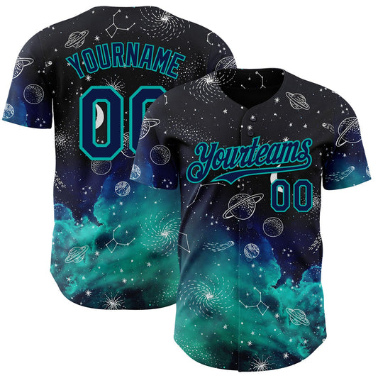 Custom Black Navy-Aqua Galaxy Star Authentic Baseball Jersey - Main View
