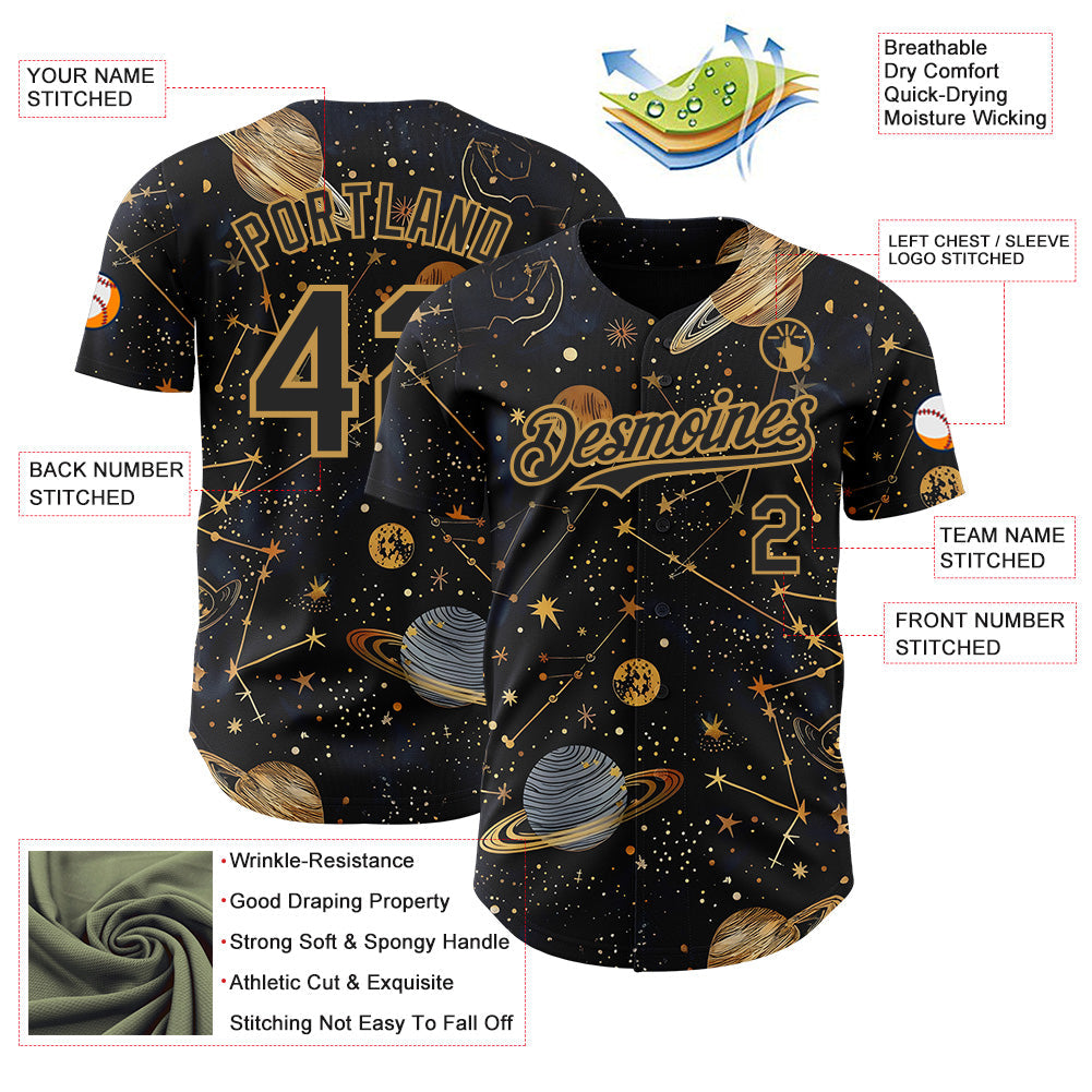 Custom Black-Vegas Gold Galaxy Star Authentic Baseball Jersey view 3