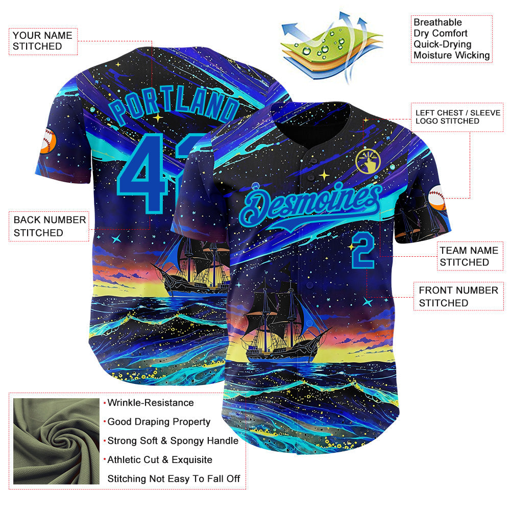 Custom Black Thunder Blue-Lakes Blue Galaxy Star Authentic Baseball Jersey view 3