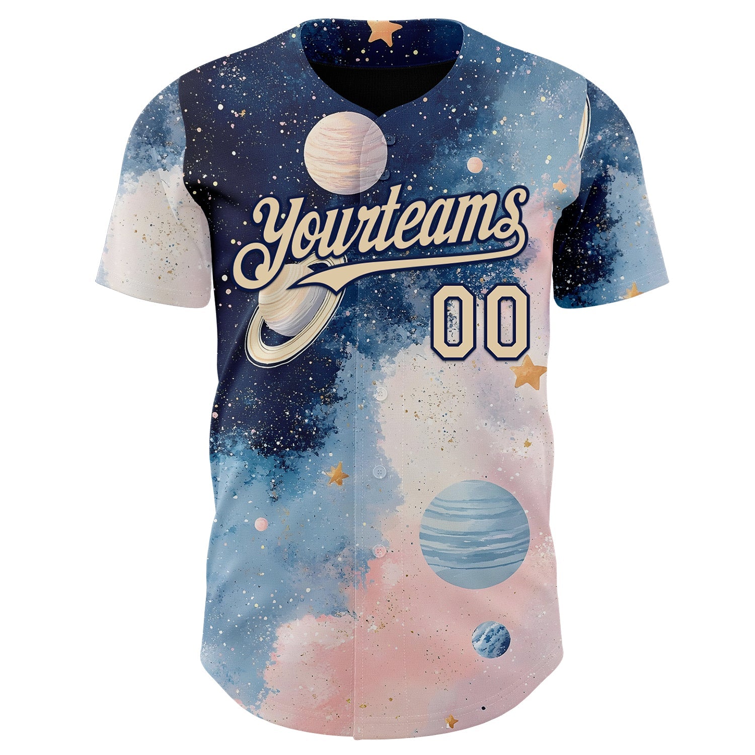 Custom Blue City Cream Light Pink-Navy Galaxy Star Nebula Authentic Baseball Jersey view 2