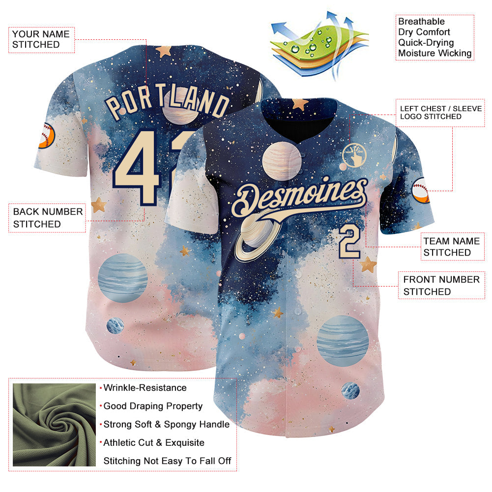Custom Blue City Cream Light Pink-Navy Galaxy Star Nebula Authentic Baseball Jersey view 3