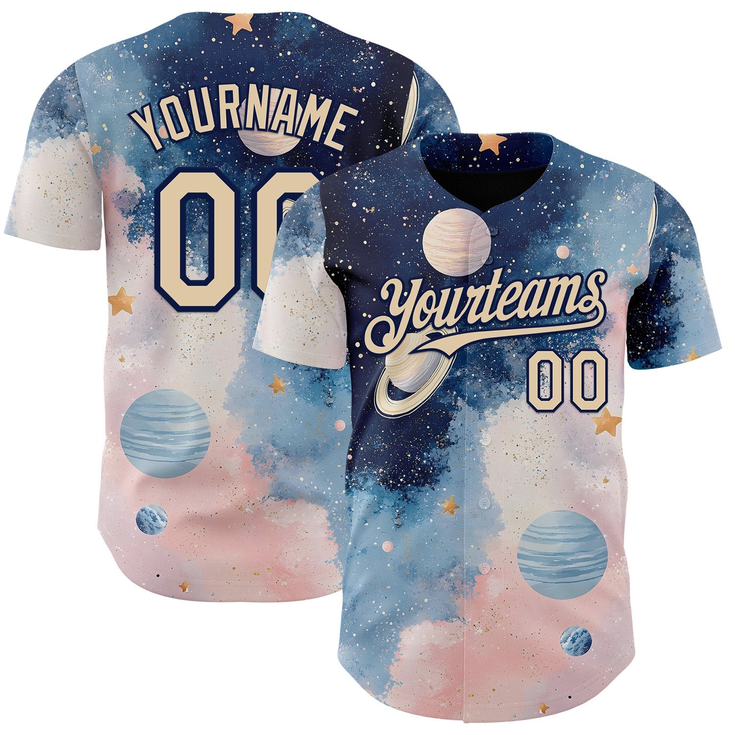 Custom Blue City Cream Light Pink-Navy Galaxy Star Nebula Authentic Baseball Jersey - Main View