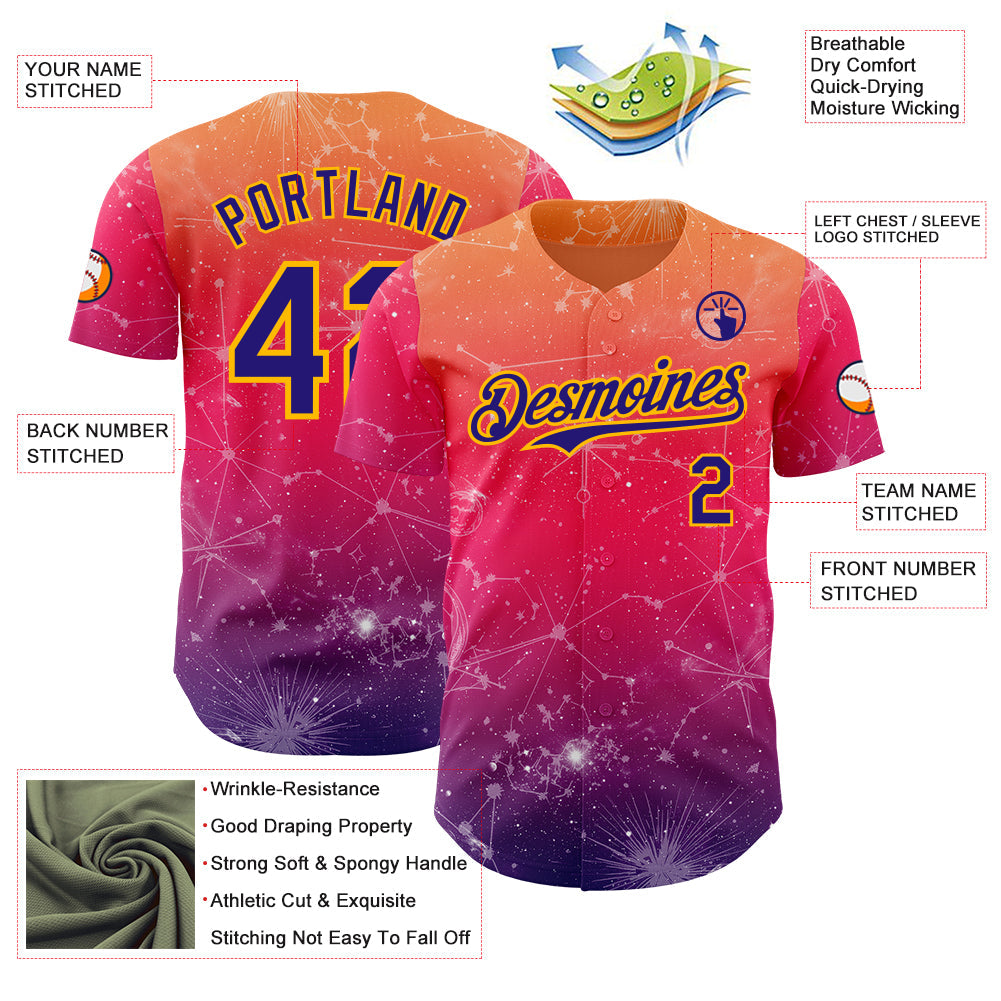 Custom Orange Dark Purple Red-Gold Galaxy Star Authentic Baseball Jersey view 3
