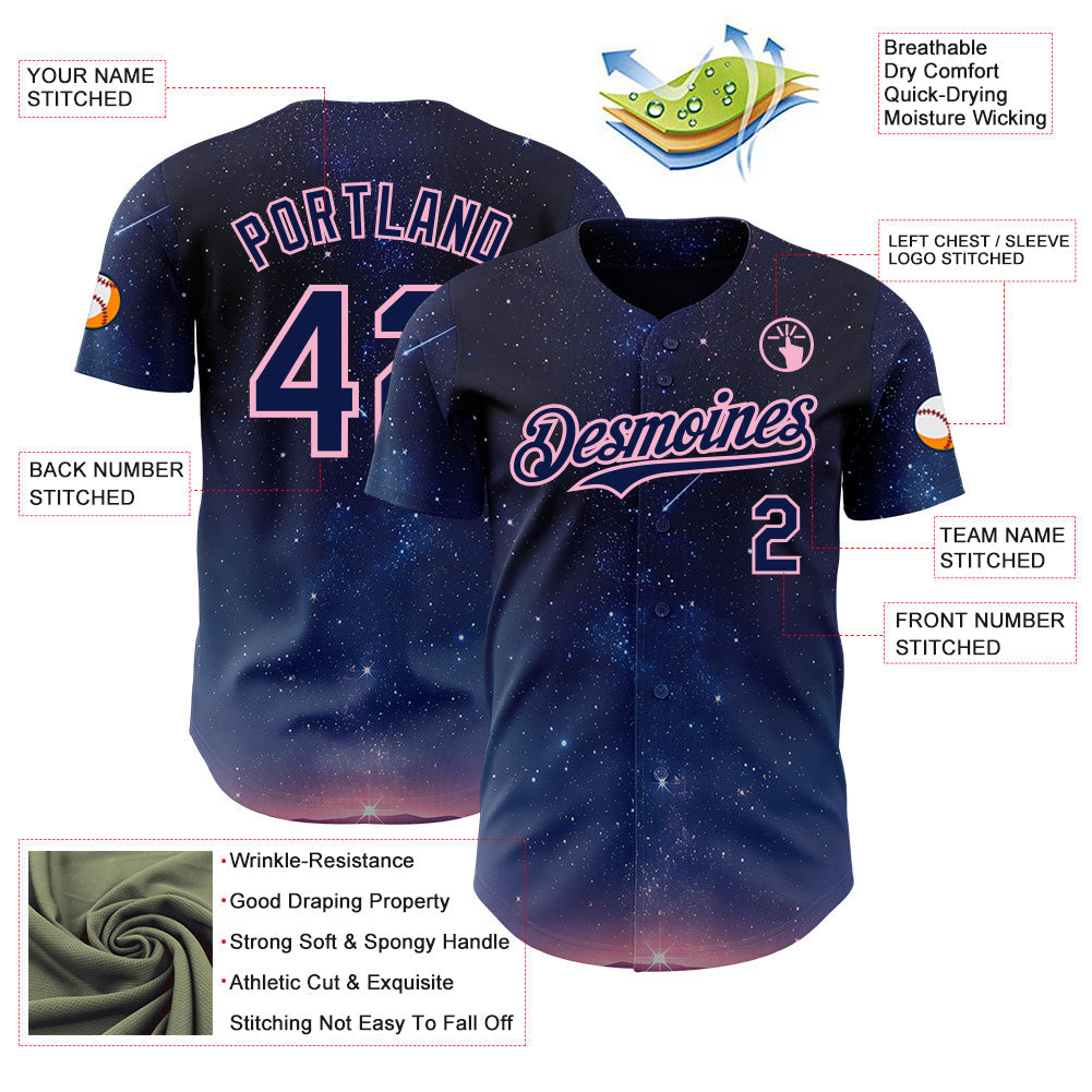 Custom Navy-Light Pink Galaxy Star Authentic Baseball Jersey view 3