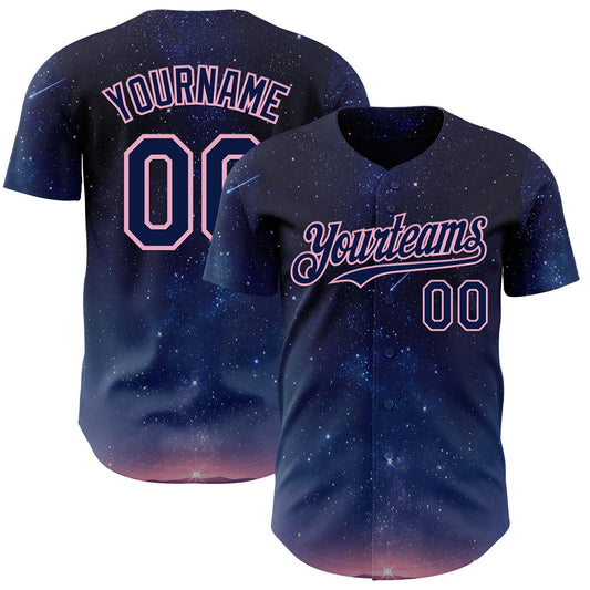 Custom Navy-Light Pink Galaxy Star Authentic Baseball Jersey - Main View