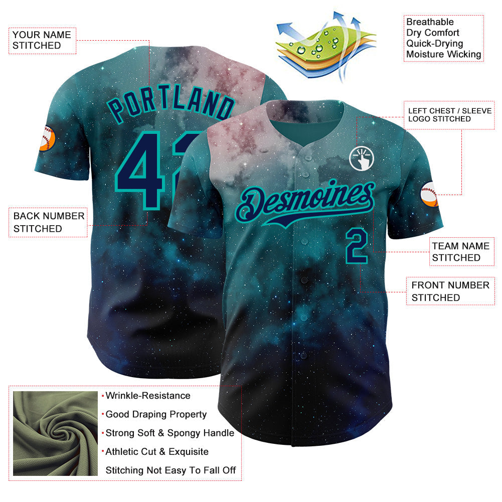 Custom Green Navy-Aqua Galaxy Star Nebula Authentic Baseball Jersey view 3