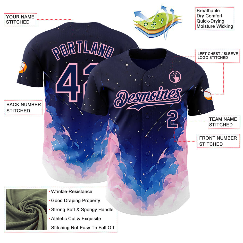 Custom Navy Blue-Light Pink Galaxy Star Nebula Authentic Baseball Jersey view 3