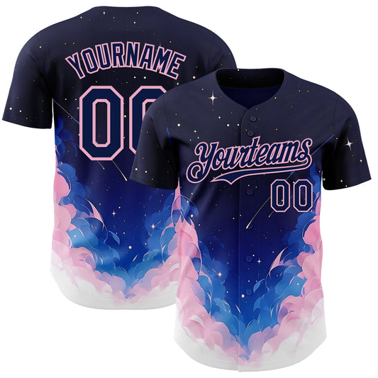 Custom Navy Blue-Light Pink Galaxy Star Nebula Authentic Baseball Jersey - Main View