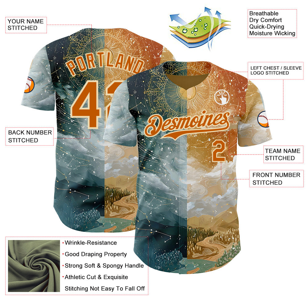 Custom Yellow Texas Orange Gray-Cream Galaxy Star Nebula Authentic Baseball Jersey view 3