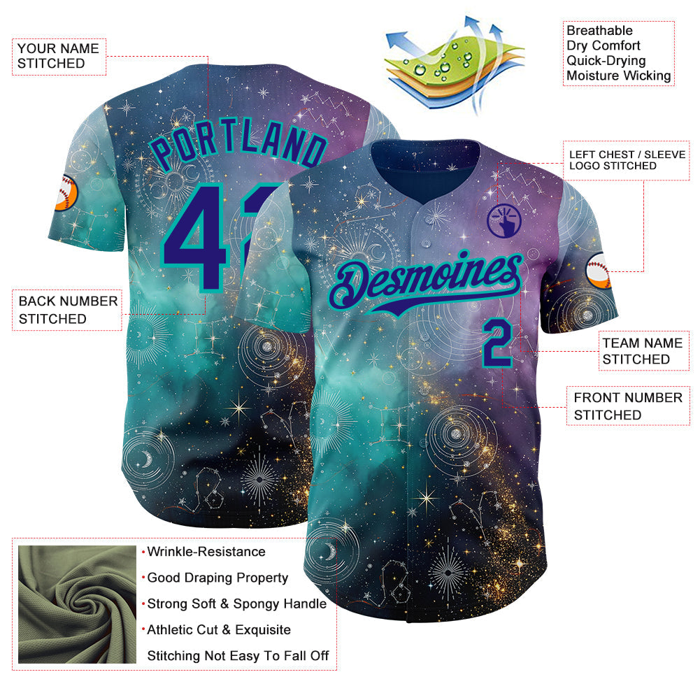 Custom Purple Dark Purple Gray-Aqua Galaxy Star Nebula Authentic Baseball Jersey view 3