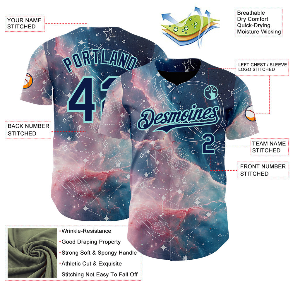 Custom Blue Navy Light Pink-Ice Blue Galaxy Star Nebula Authentic Baseball Jersey view 3