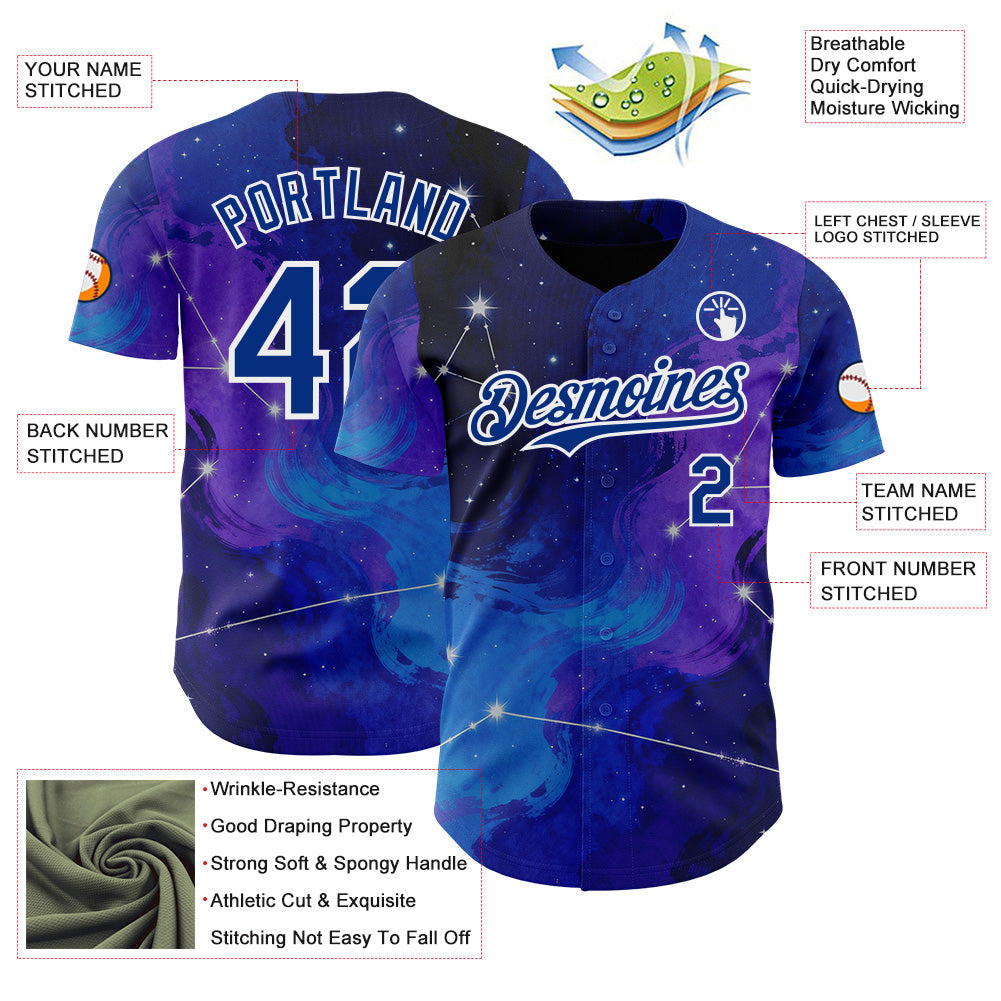 Custom Blue Royal Purple-White Galaxy Star Nebula Authentic Baseball Jersey view 3