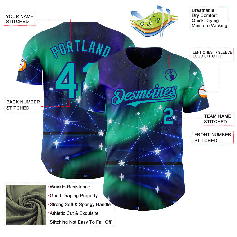 Custom Blue Aqua-Dark Purple Galaxy Star Authentic Baseball Jersey view 3