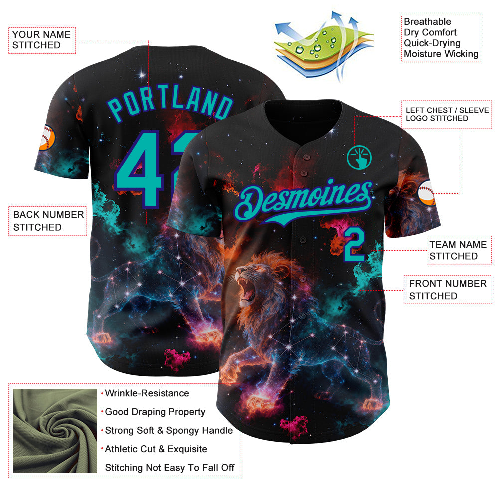 Custom Black Aqua-Dark Purple Galaxy Star Leo Authentic Baseball Jersey view 3