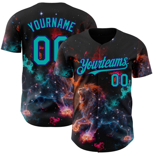 Custom Black Aqua-Dark Purple Galaxy Star Leo Authentic Baseball Jersey - Main View