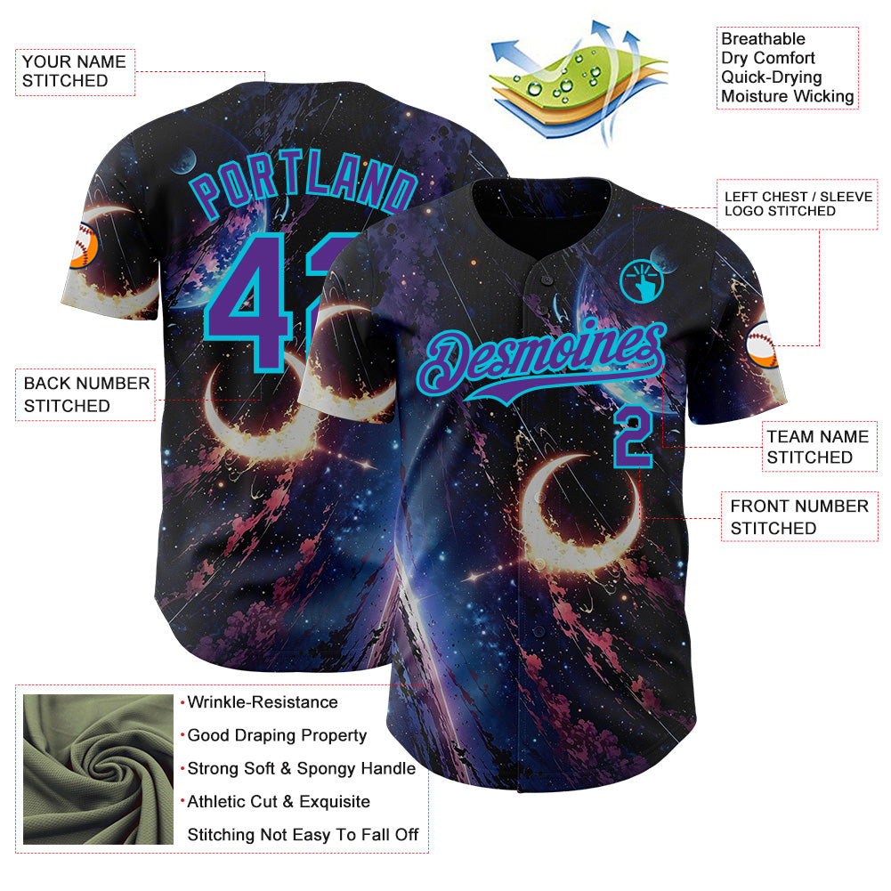 Custom Black Purple-Lakes Blue Galaxy Star Moon Nebula Authentic Baseball Jersey view 3