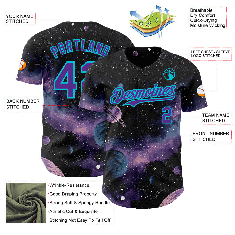 Custom Black Purple-Lakes Blue Galaxy Star Nebula Authentic Baseball Jersey view 3
