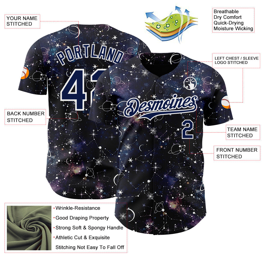 Custom Navy-White Galaxy Star Nebula Authentic Baseball Jersey view 3