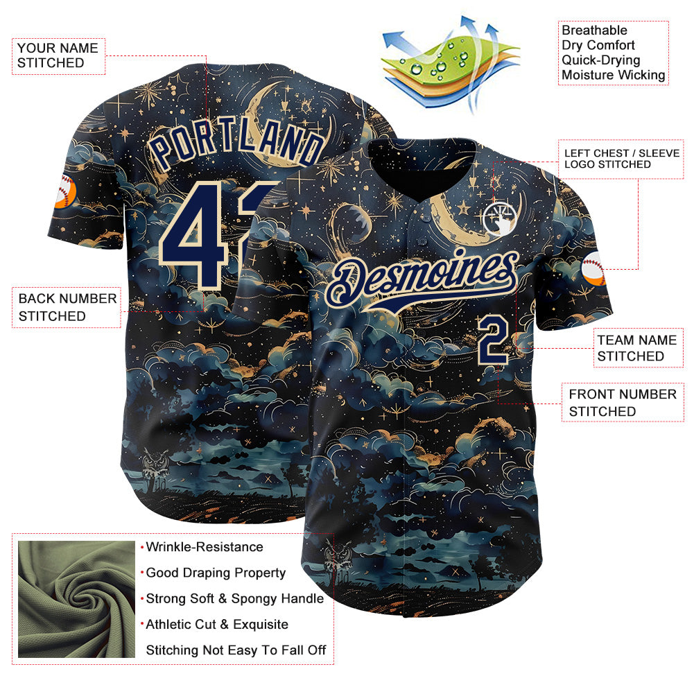 Custom Navy-Cream Galaxy Star Nebula Authentic Baseball Jersey view 3