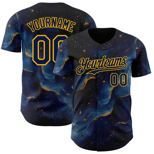 Custom Black Navy-Gold Galaxy Star Nebula Authentic Baseball Jersey - Main View