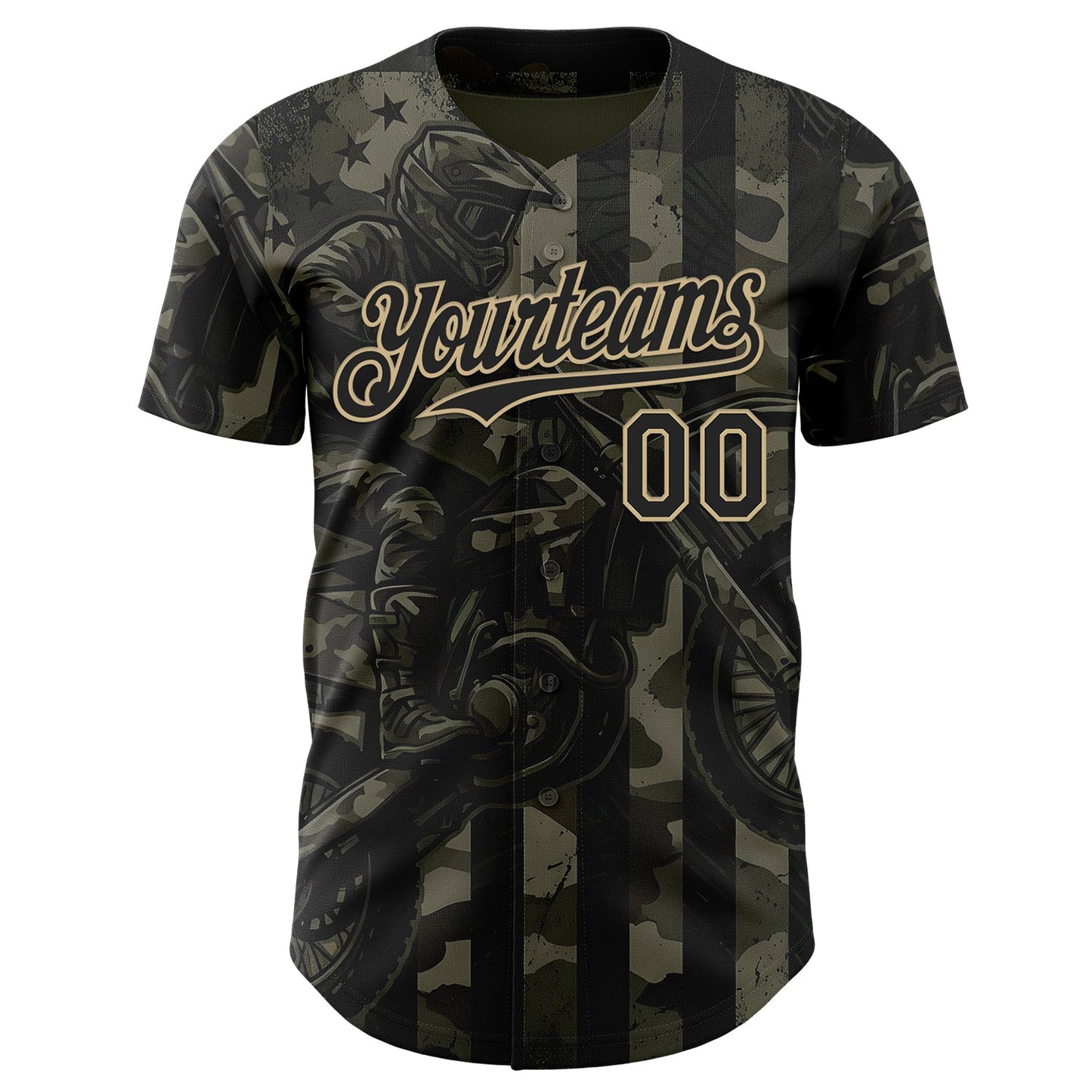 Custom Camo Black-Vegas Gold 3D Pattern Design Motorcycle Motocross Authentic Baseball Jersey view 2