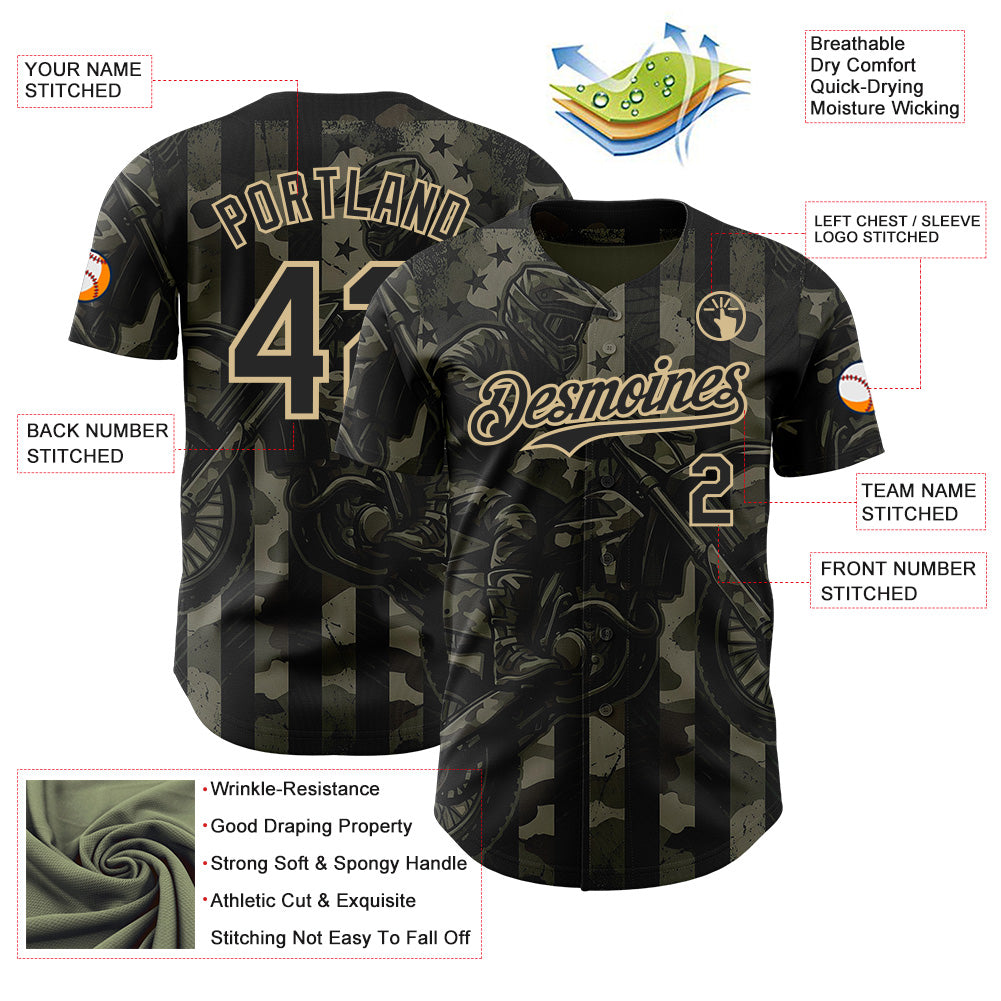 Custom Camo Black-Vegas Gold 3D Pattern Design Motorcycle Motocross Authentic Baseball Jersey view 3