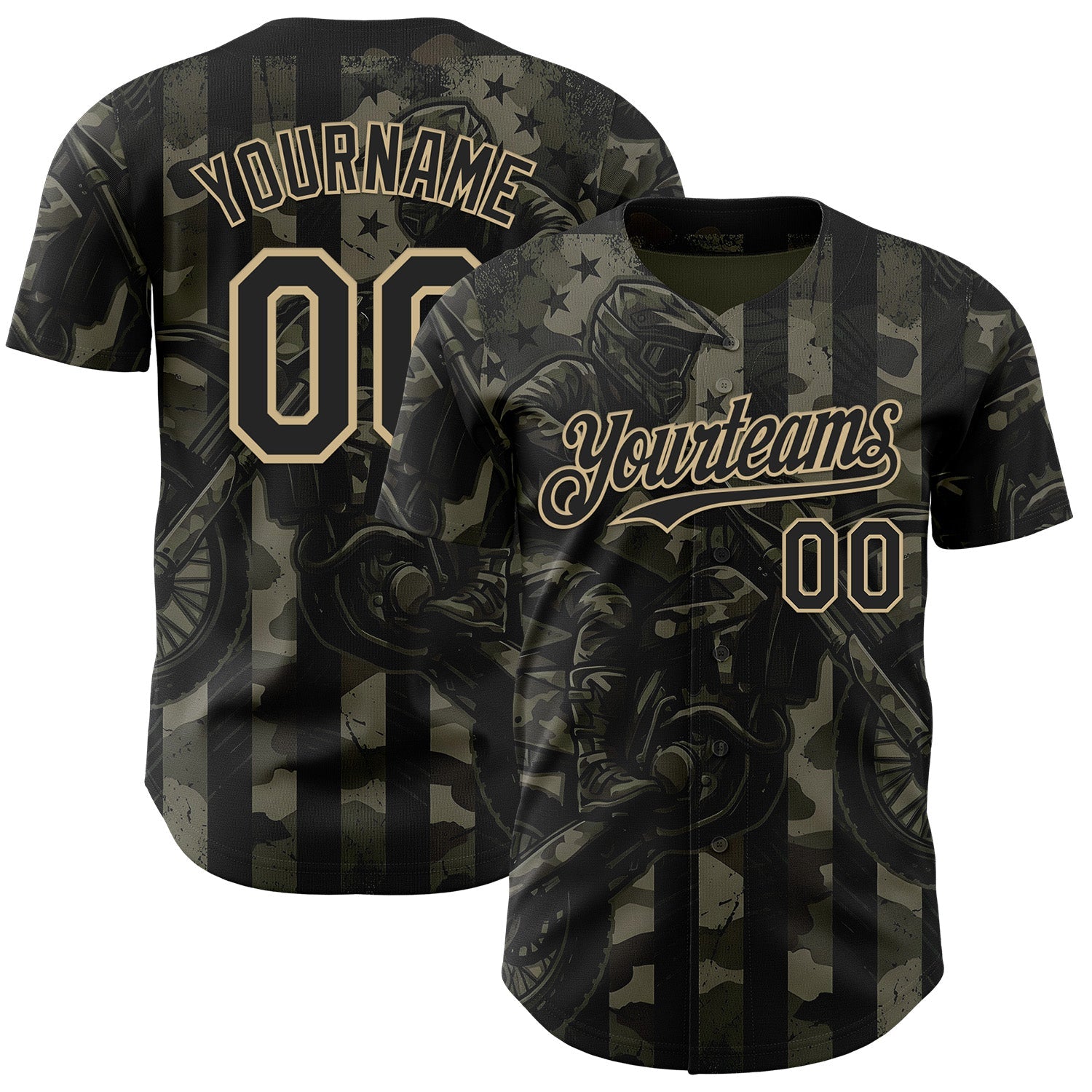 Custom Camo Black-Vegas Gold 3D Pattern Design Motorcycle Motocross Authentic Baseball Jersey - Main View