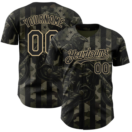 Custom Camo Black-Vegas Gold 3D Pattern Design Motorcycle Motocross Authentic Baseball Jersey - Main View