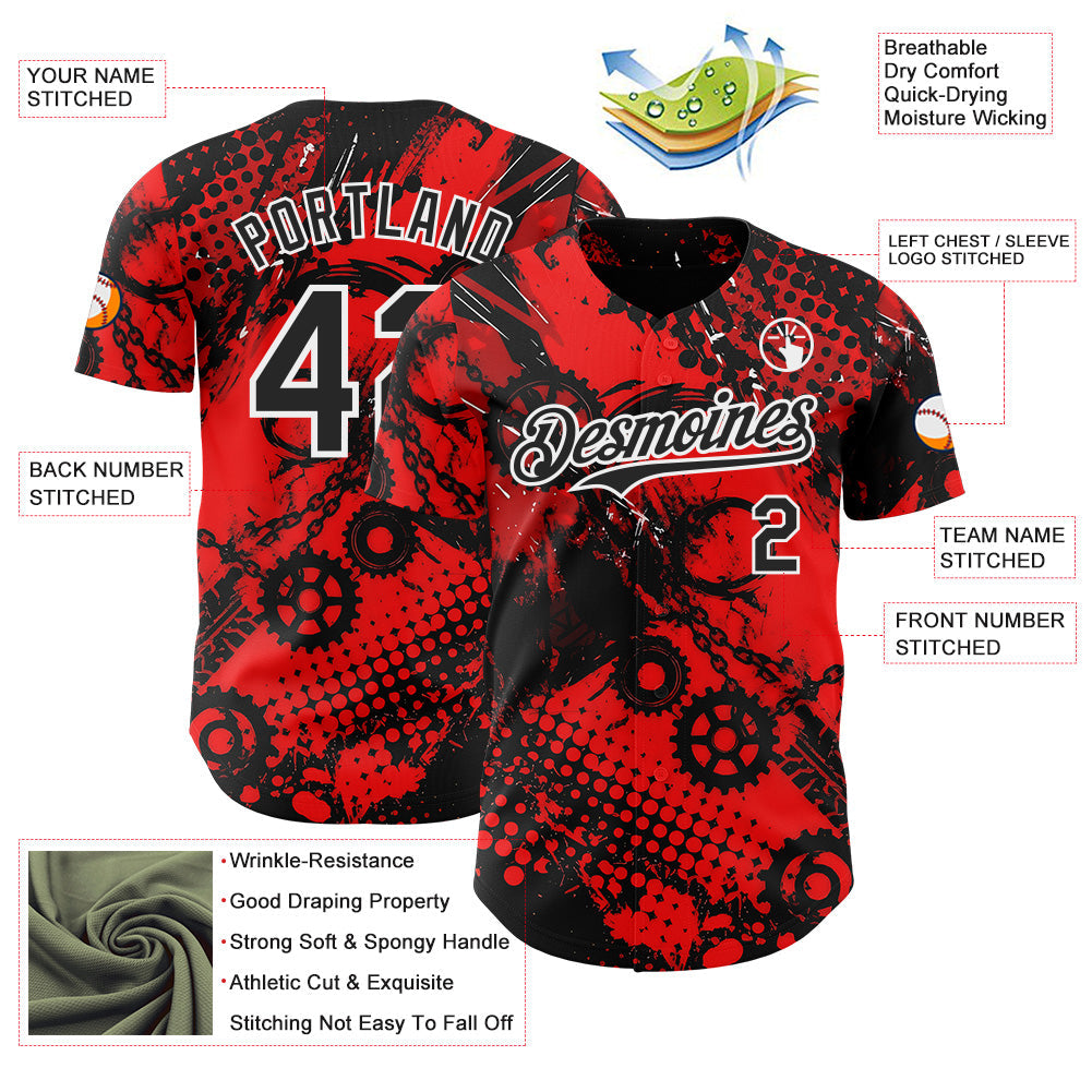 Custom Red Black-White 3D Pattern Design Motorcycle Motocross Halftone Dot Authentic Baseball Jersey view 3