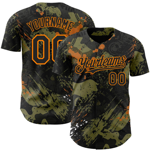 Custom Black Olive-Bay Orange 3D Pattern Design Motorcycle Motocross Splash Authentic Baseball Jersey - Main View