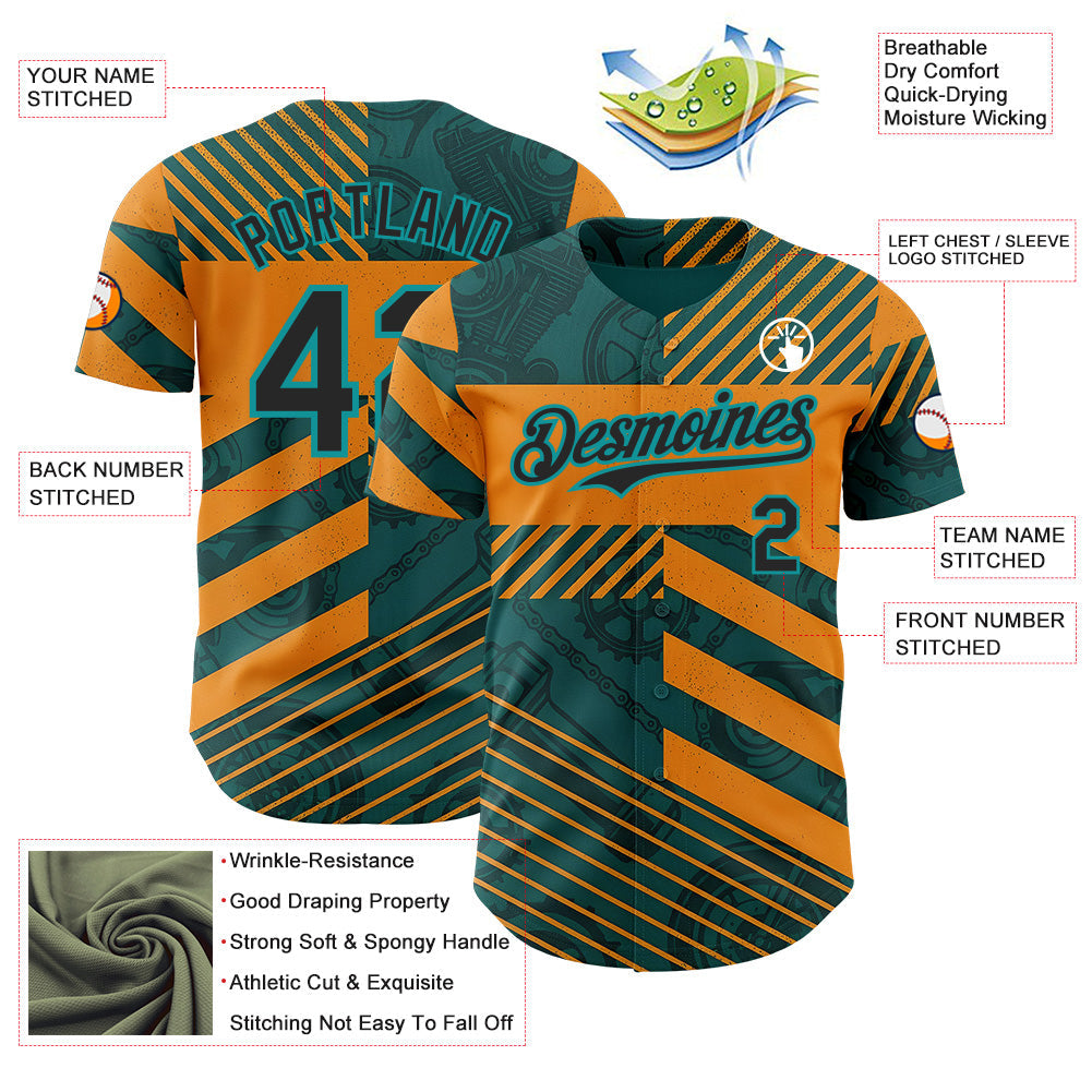 Custom Teal Black-Orange 3D Pattern Design Motorcycle Motocross Stripe Authentic Baseball Jersey view 3