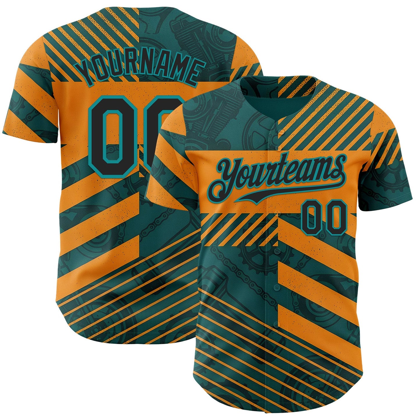 Custom Teal Black-Orange 3D Pattern Design Motorcycle Motocross Stripe Authentic Baseball Jersey - Main View