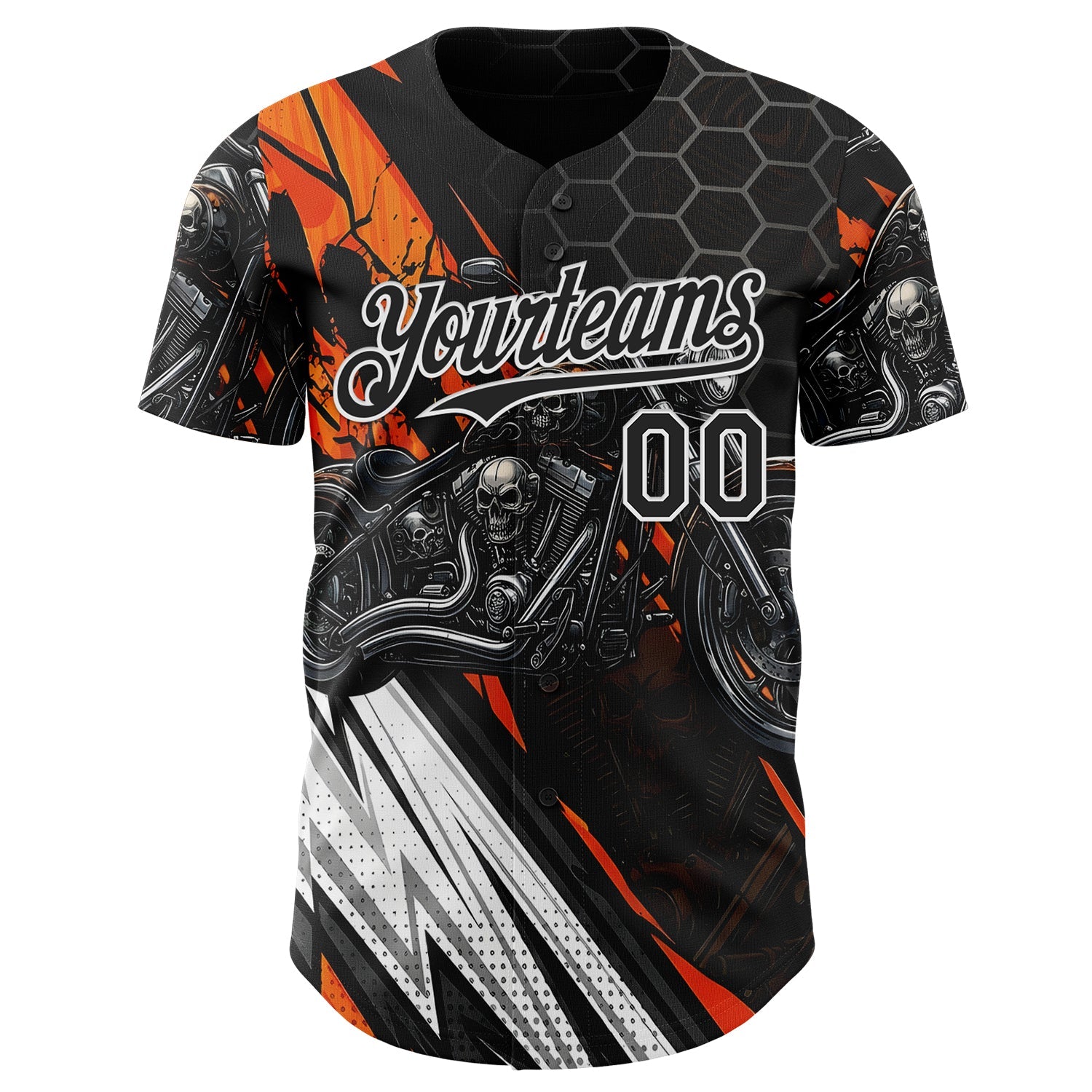 Custom Black Orange Gray-White 3D Pattern Design Motorcycle Motocross Skull Authentic Baseball Jersey view 2